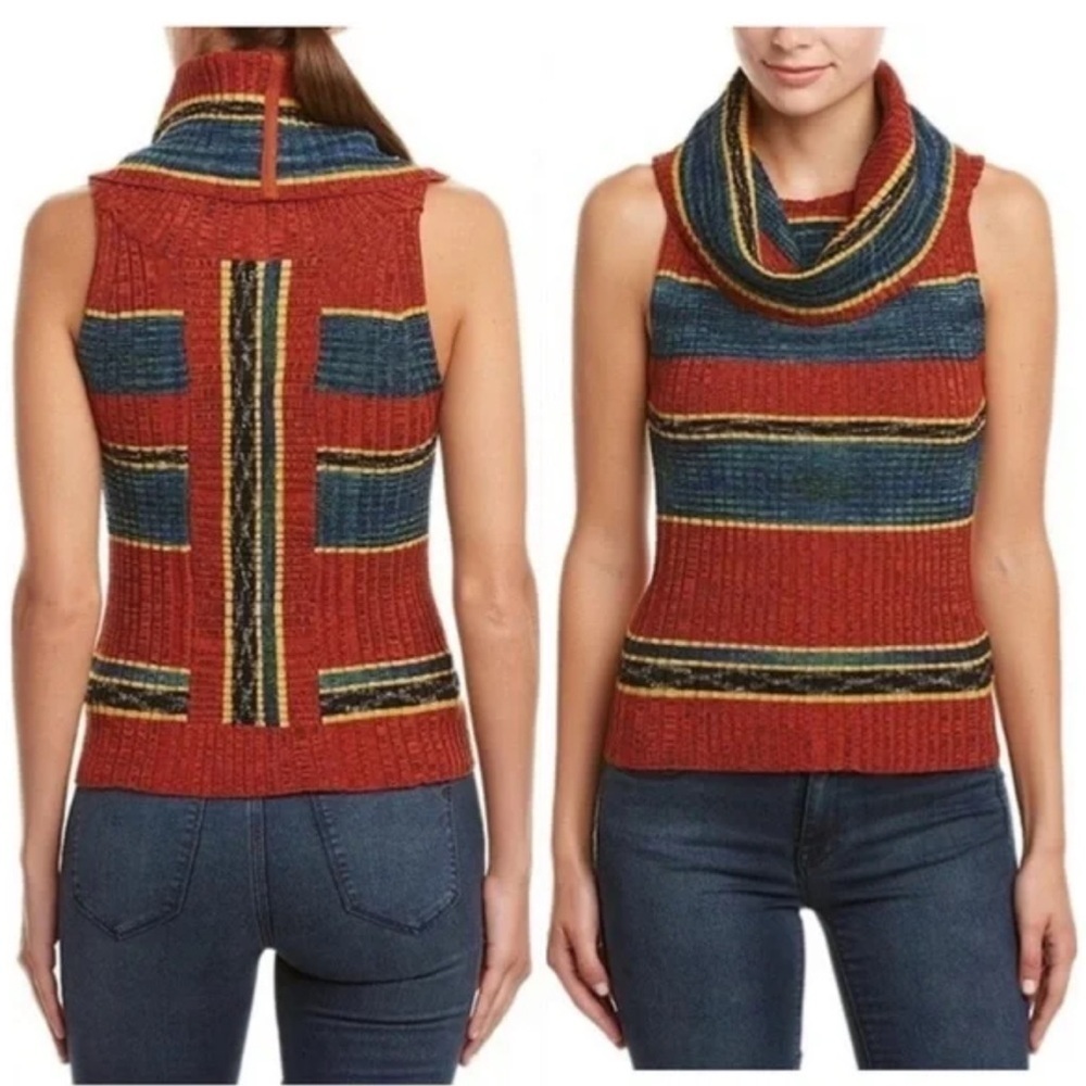Free People Carly  Cowl Neck Off the Shoulder Sleeveless Stripe Sweater Top - Picture 2 of 6